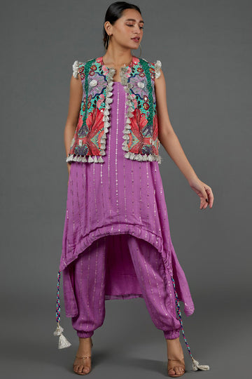 Lilac Sequin Kurta With Jogger & Jacket