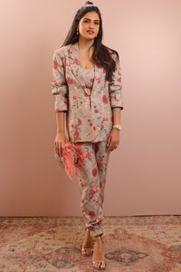 Grey Gulbagh Print Blazer With Bustier And Pant