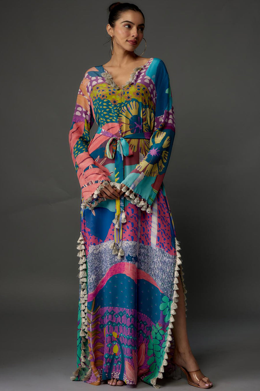 Purple Tropical Print Crepe Beyza Kaftan