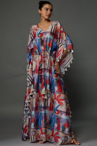 Red Tropical Print Kaftan With Tassels