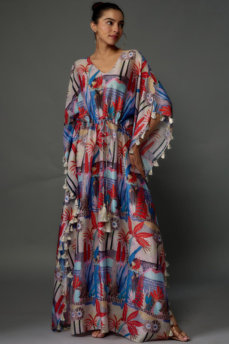 Red Tropical Print Kaftan With Tassels