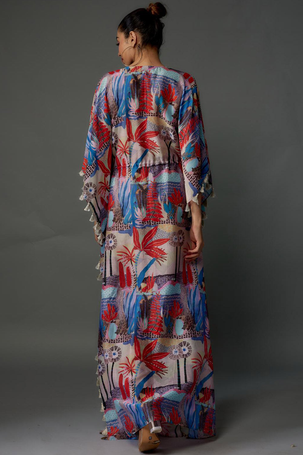 Red Tropical Print Kaftan With Tassels