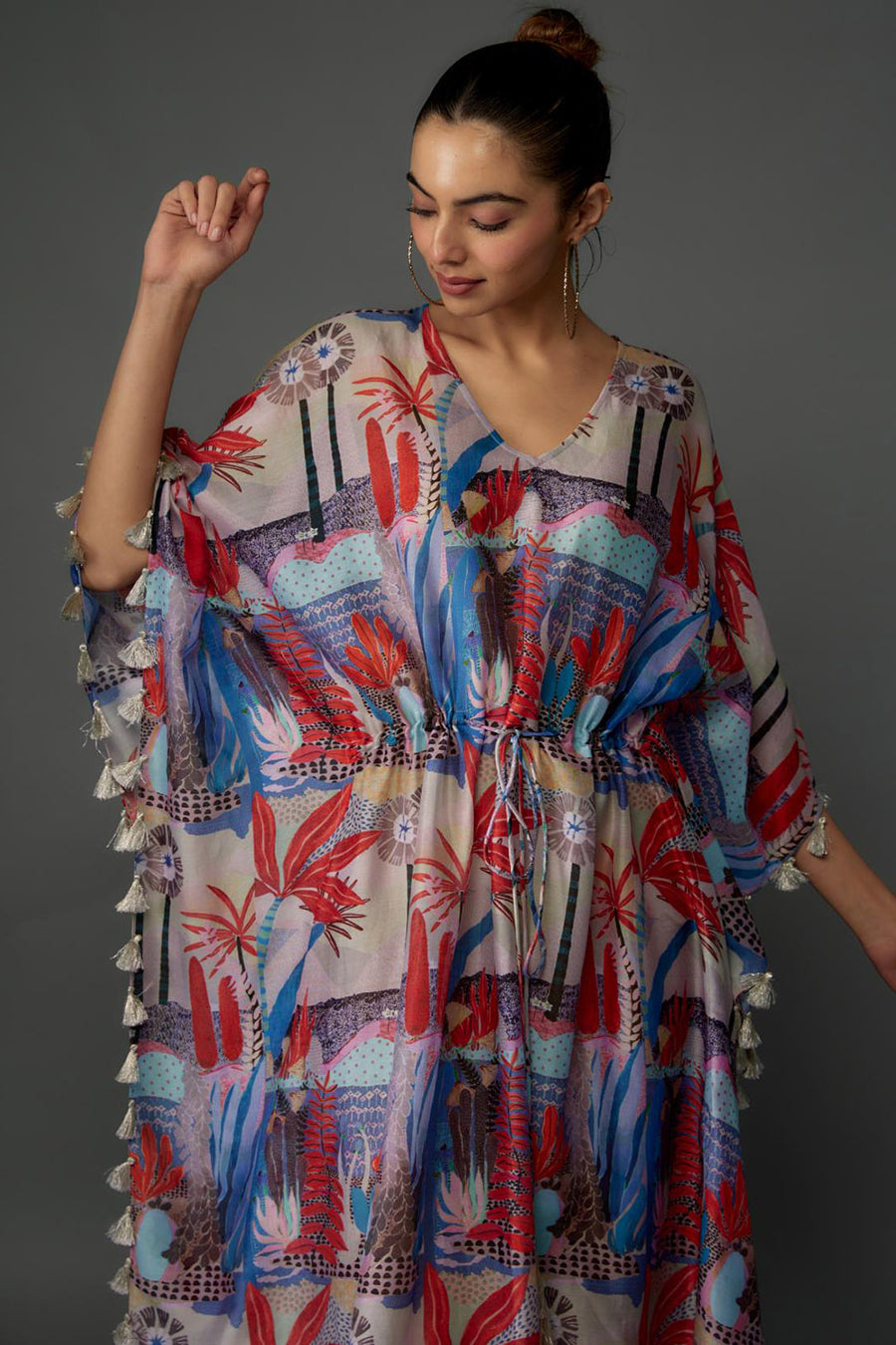 Red Tropical Print Kaftan With Tassels