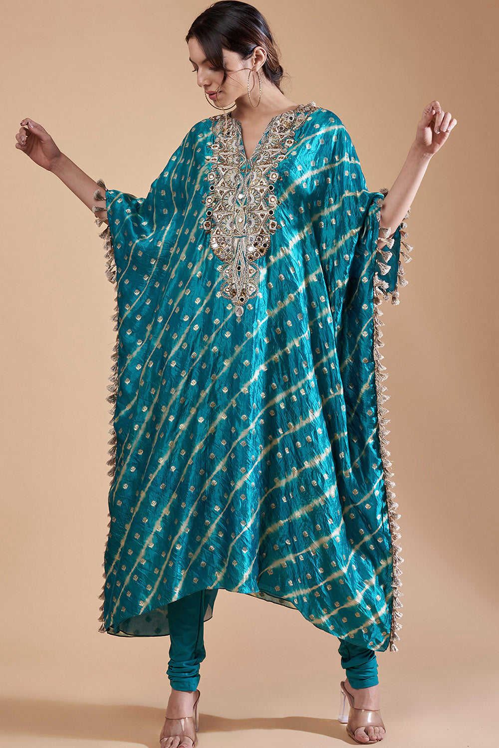 Teal Blue Kaftan With Soft Net Churidar