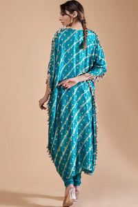 Teal Blue Kaftan With Soft Net Churidar