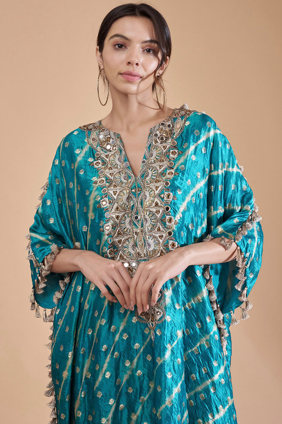 Teal Blue Kaftan With Soft Net Churidar