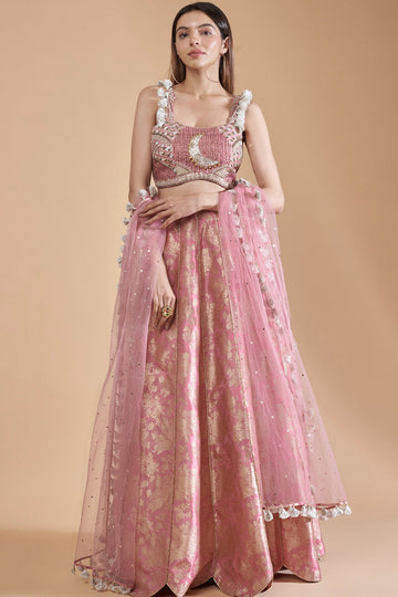 Rose Pink Bustier With Lehenga And Dupatta