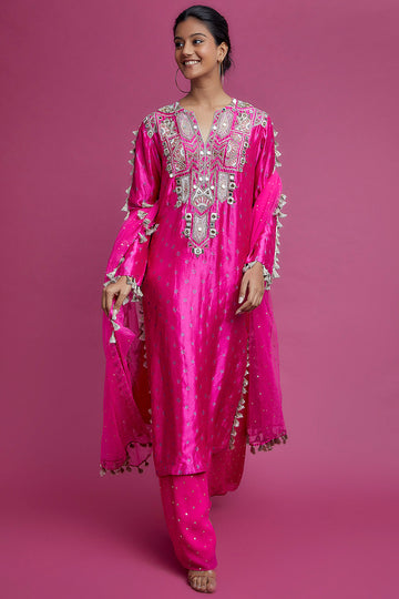 Hot Pink Embroidered Kurta And Palazzo With Dupatta