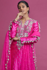 Hot Pink Embroidered Kurta And Palazzo With Dupatta