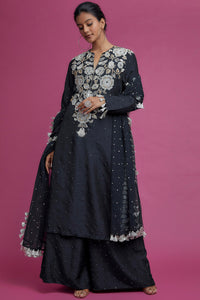 Midnight Blue Embroidered Kurta With Palazzo And Dupatta