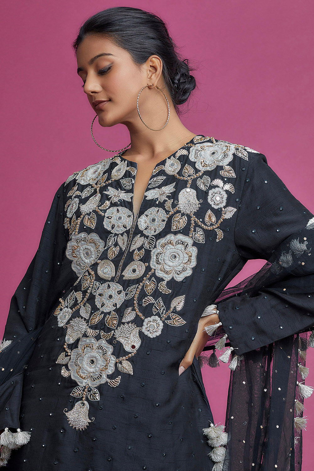 Midnight Blue Embroidered Kurta With Palazzo And Dupatta