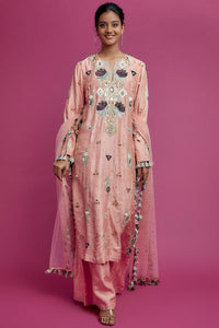 Rose Pink Embroidered Kurta With Palazzo And Dupatta