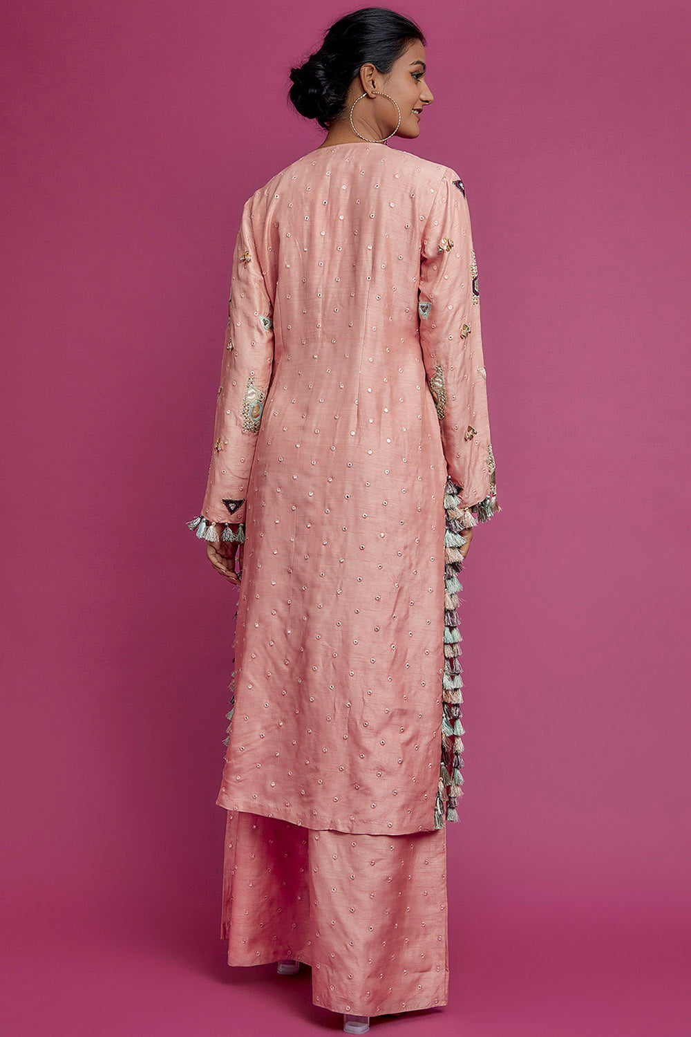 Rose Pink Embroidered Kurta With Palazzo And Dupatta