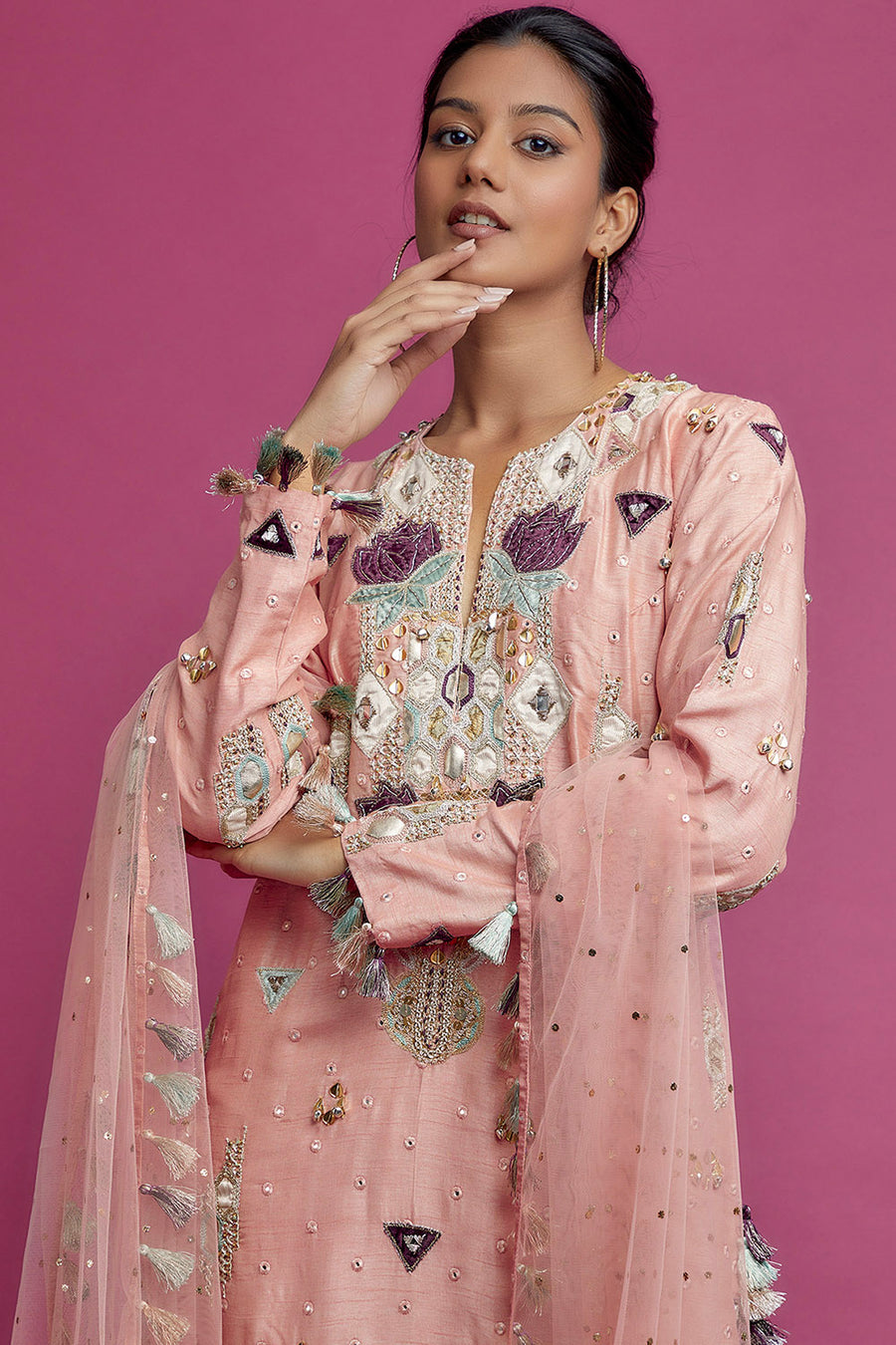 Rose Pink Embroidered Kurta With Palazzo And Dupatta