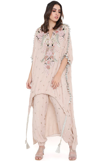 Stone Embroidered High Low Kaftan With Pant