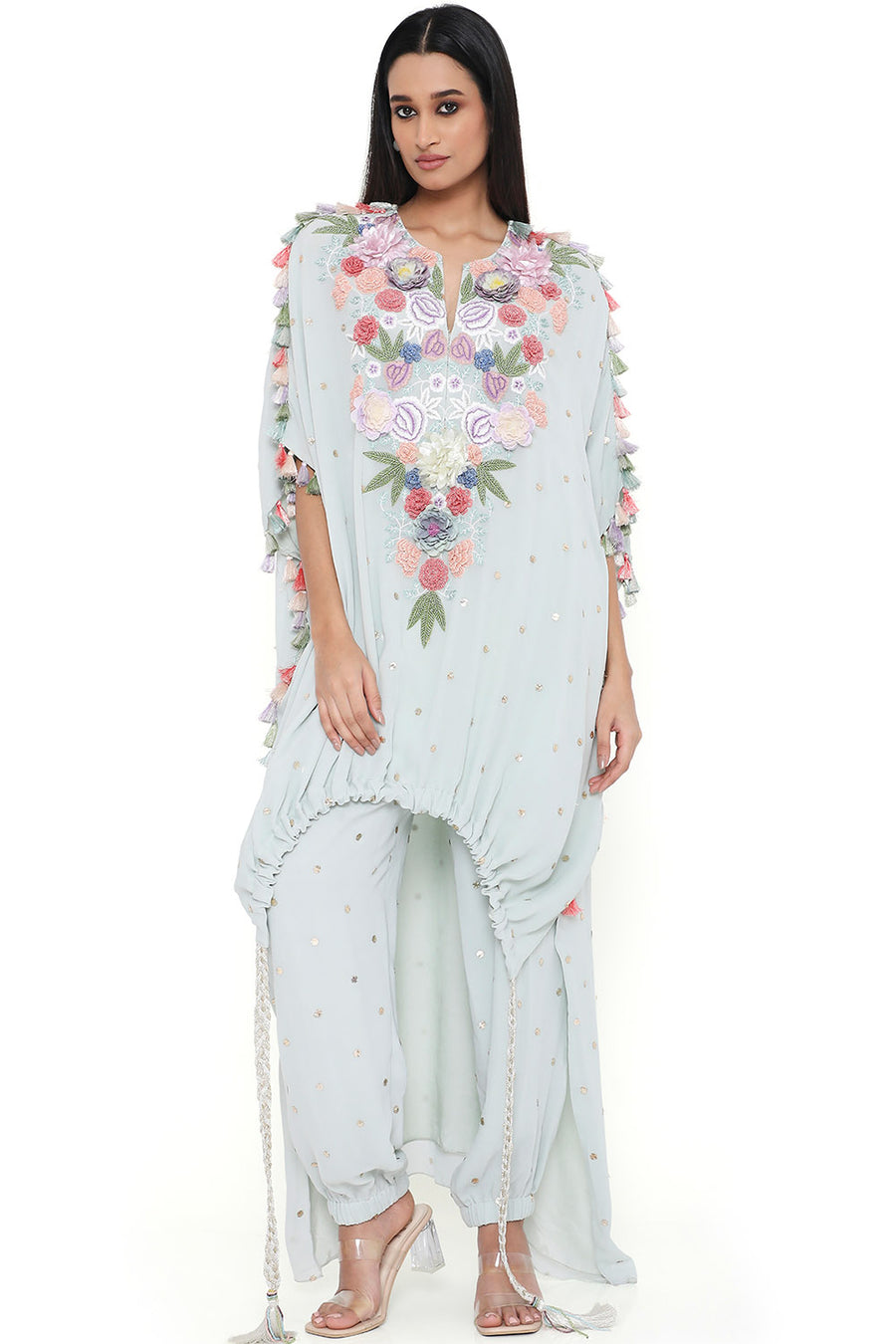 Sea Foam Embroidered Kaftan With Jogger Pant