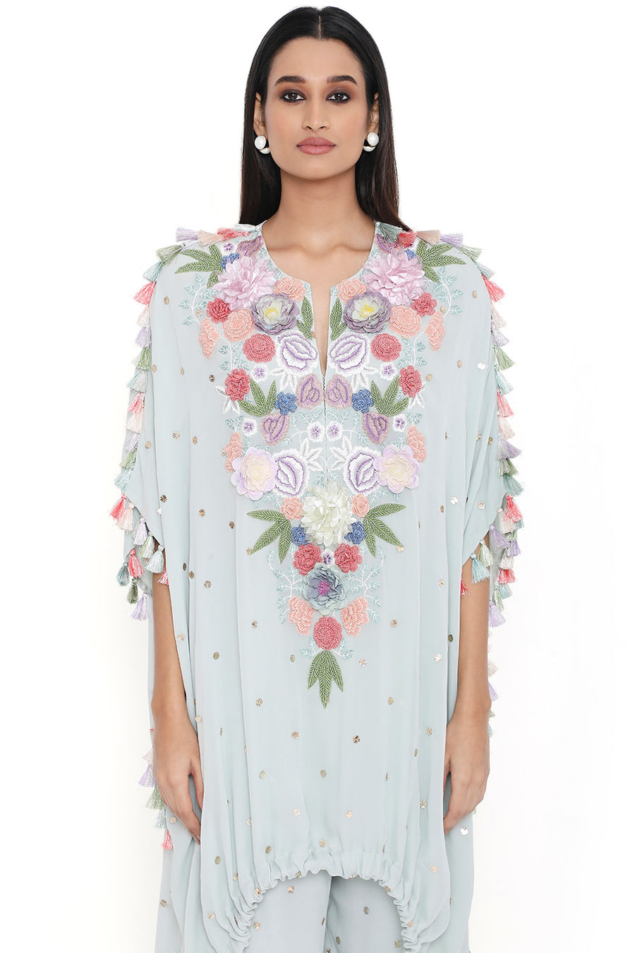 Sea Foam Embroidered Kaftan With Jogger Pant