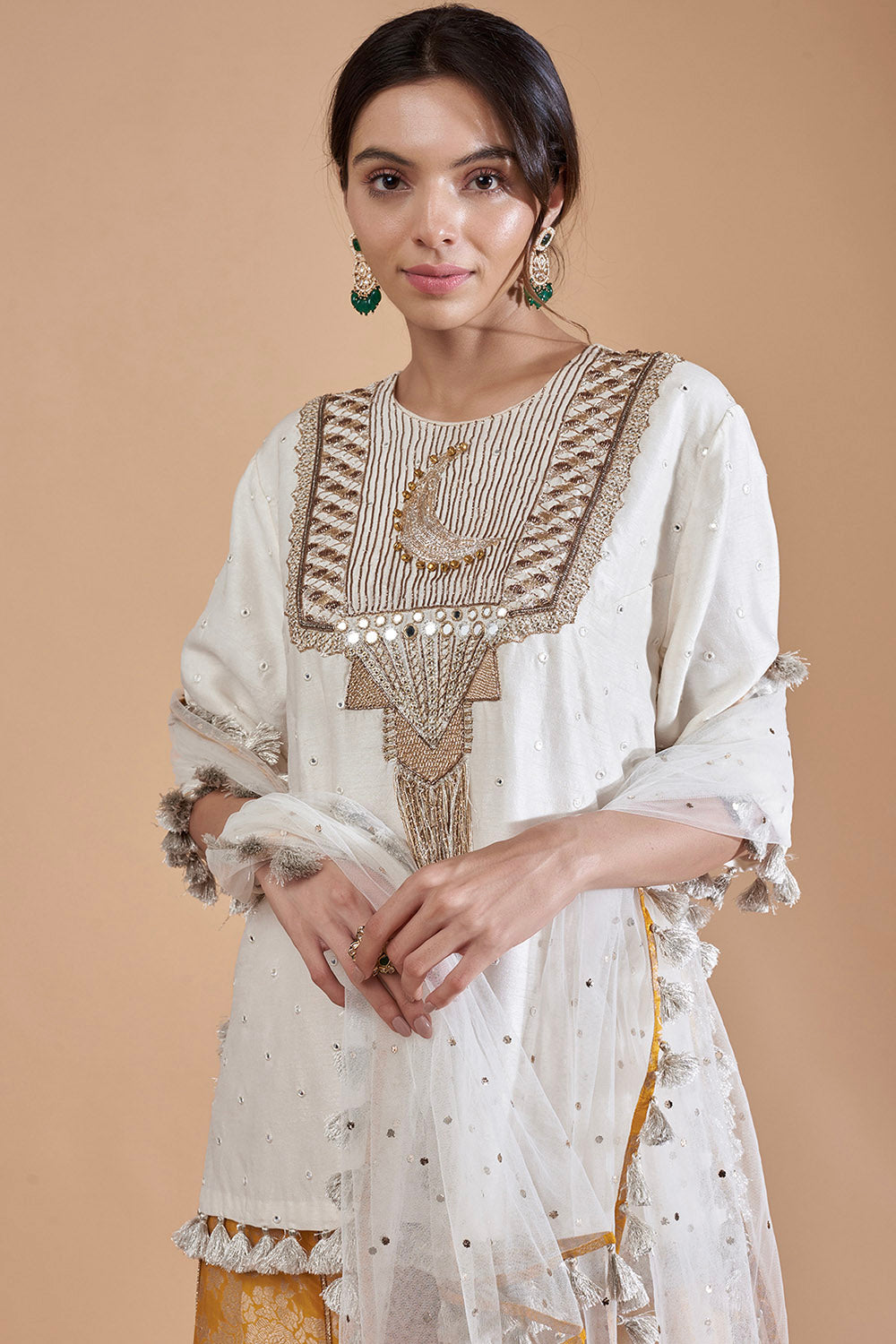 Off White Kurta With Sharara And Dupatta