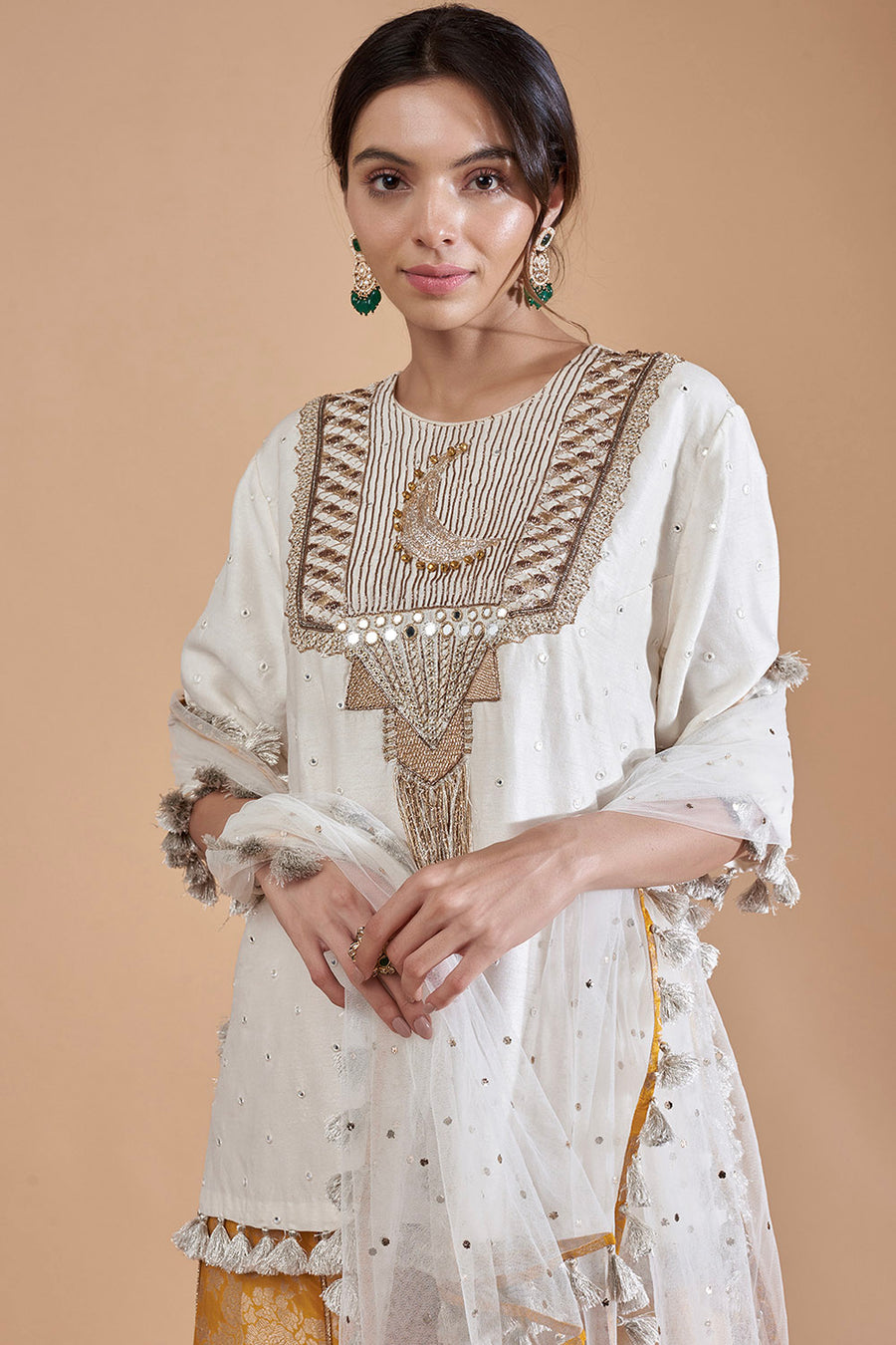 Off White Kurta With Sharara And Dupatta