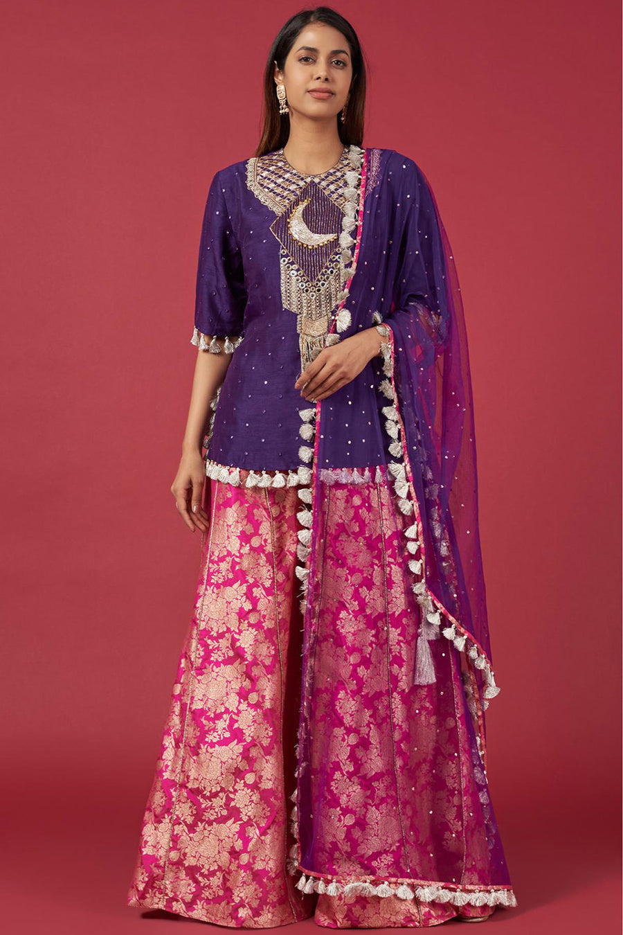 Purple Kurta & Hot Pink Sharara With Dupatta