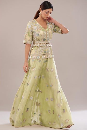 Mint Embroidered Kurta With Belt & Sharara