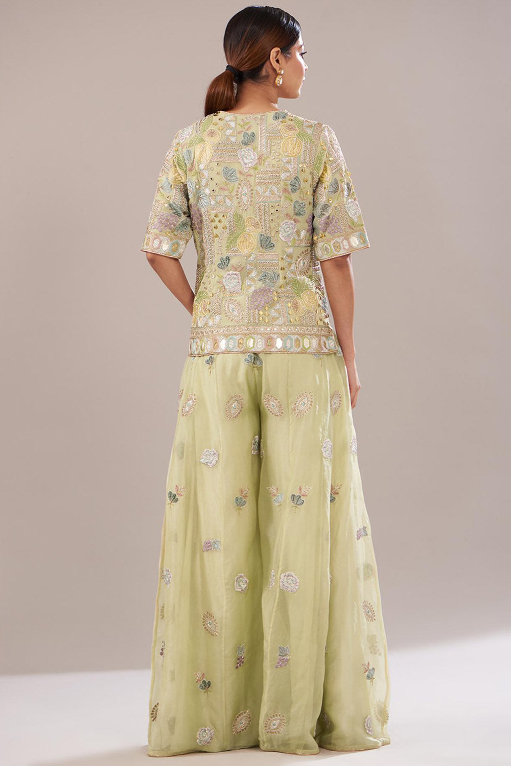 Mint Embroidered Kurta With Belt & Sharara