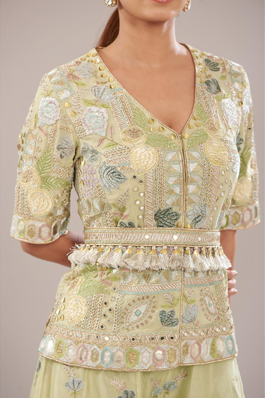 Mint Embroidered Kurta With Belt & Sharara