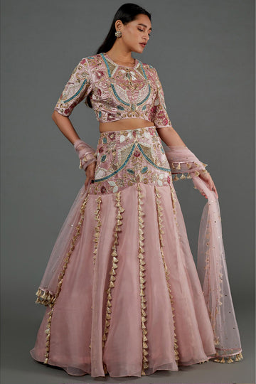 Rose Pink Choli & Basque Skirt With Dupatta