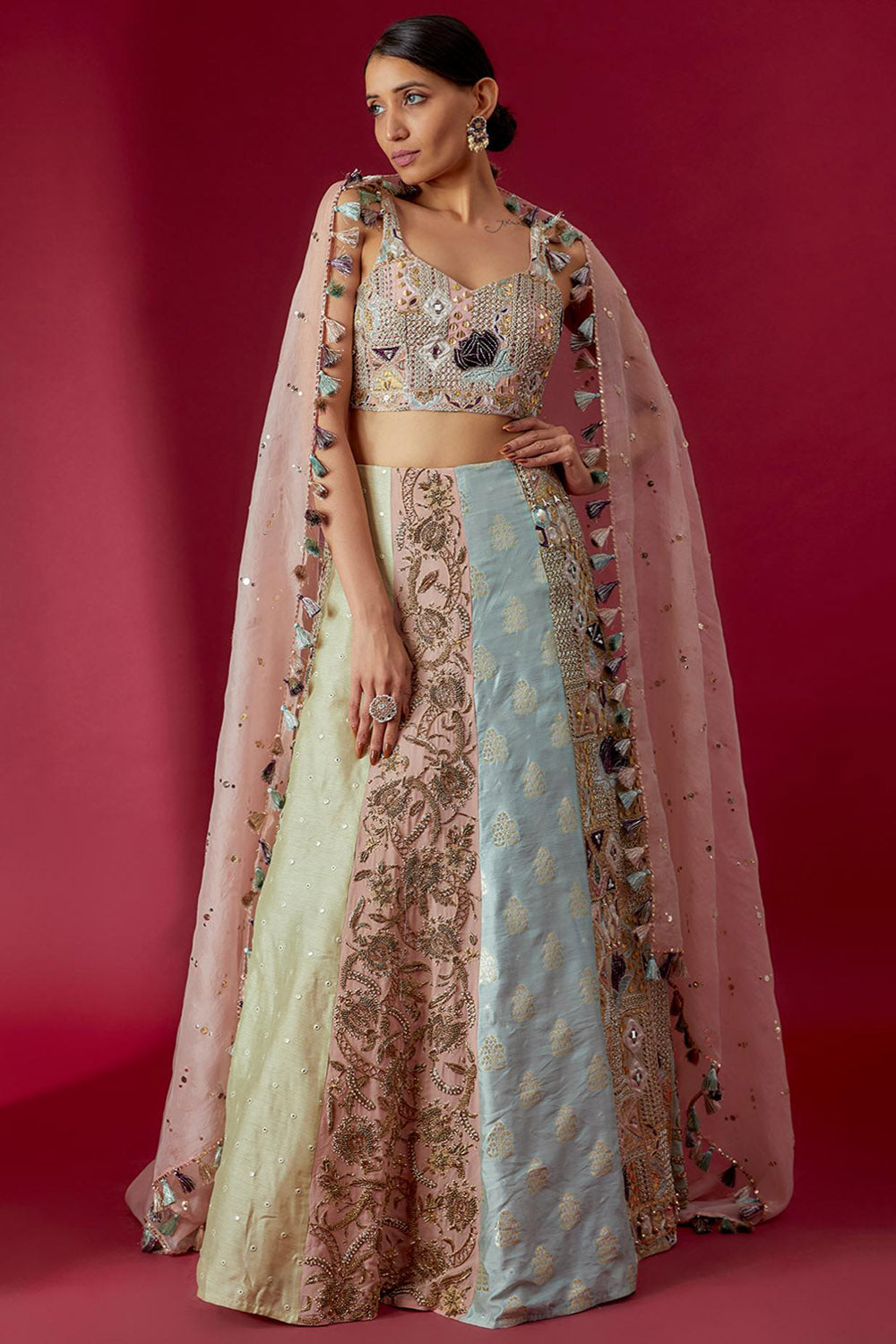 Rose Pink Choli With Multi-Colour Lehenga & Dupatta