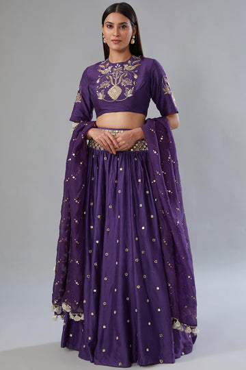 Purple Choli With Cutwork Belt Lehenga & Dupatta