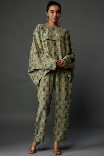 Green Mughal Print Crepe Top With Pants