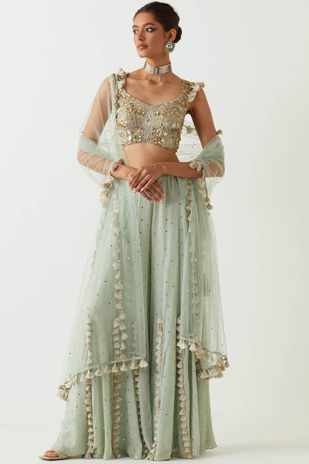 Powder Blue Embroidered Sharara and Choli Set