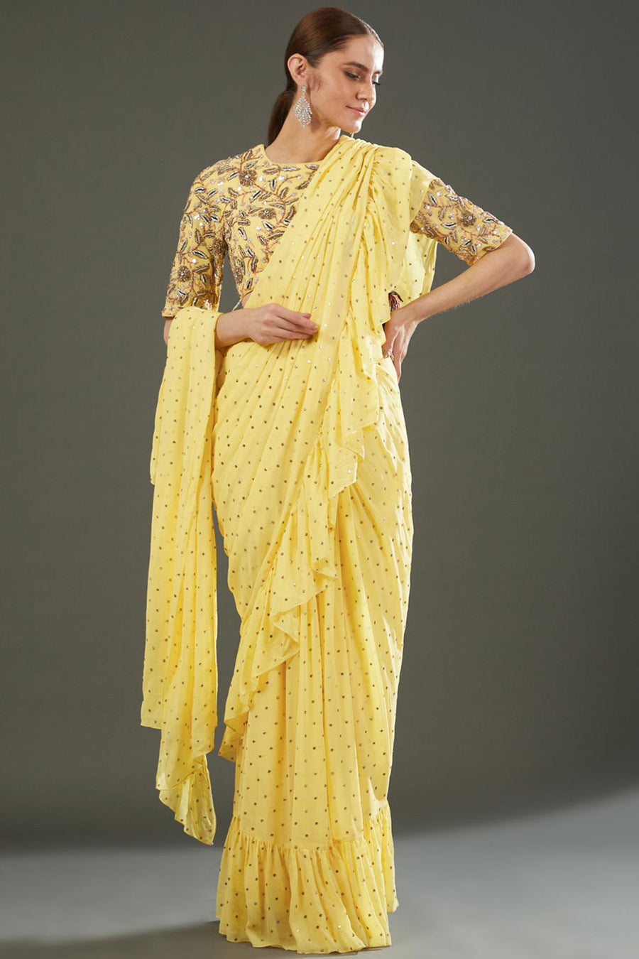 Yellow Embroidered Choli With Pre Stitched Saree