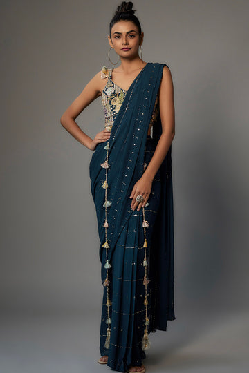 Teal Blue Embroidered Choli With Pre-Stiched Saree