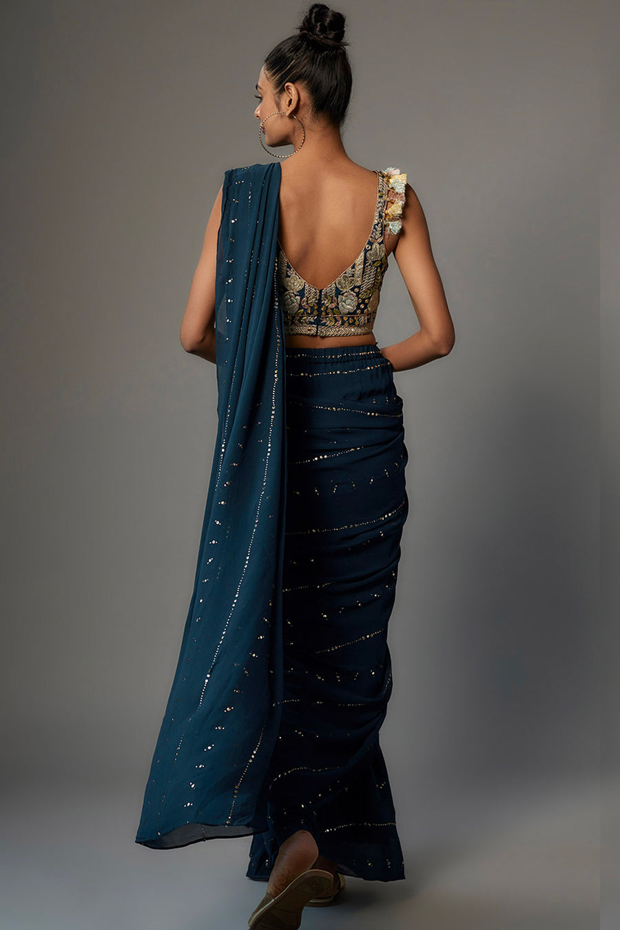 Teal Blue Embroidered Choli With Pre-Stiched Saree