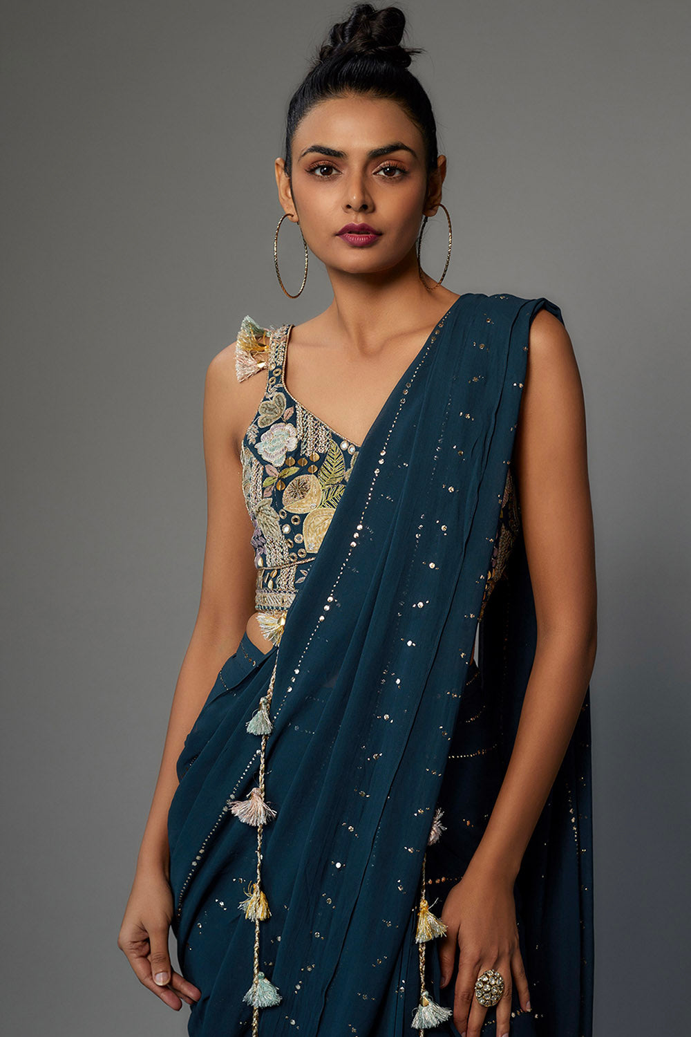 Teal Blue Embroidered Choli With Pre-Stiched Saree