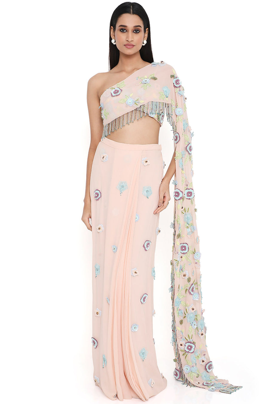 Blush Pink Embroidered Choli Attached Pallu And Pre-Stitched Skirt