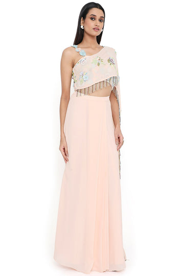 Peach Embroidered Choli And Pre-Stitched Skirt