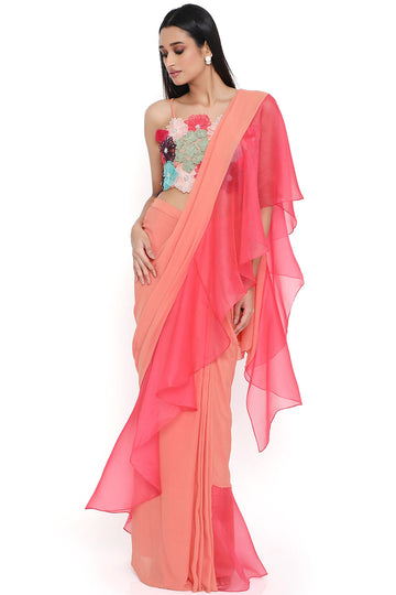 Peach Georgette 3D Floral Embroidered Choli And Saree