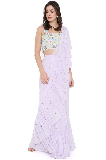Lavender Embroidered Choli With Pre-Stitched Saree
