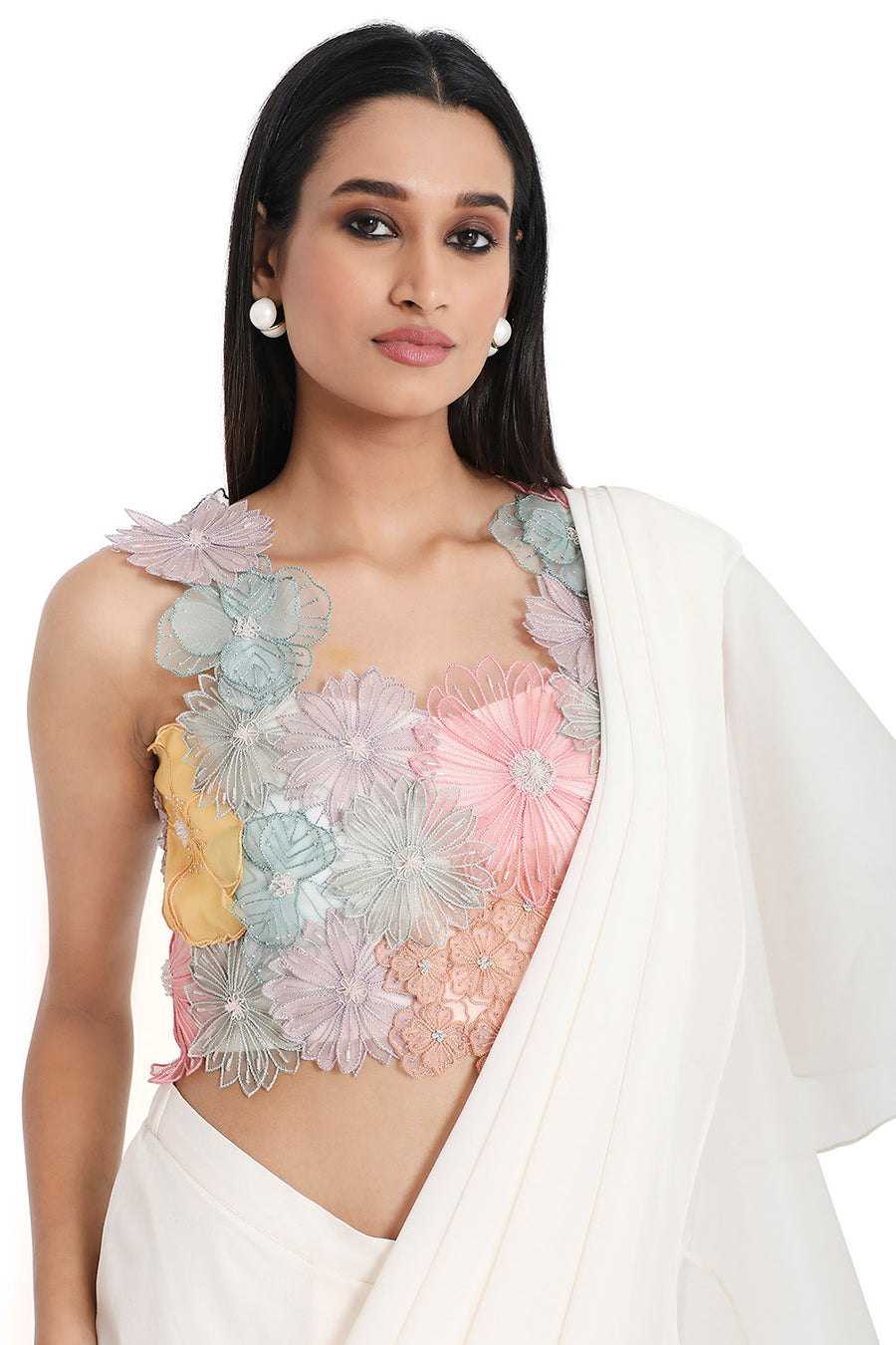 Off White 3D Flower Choli And Pre-Stitched Saree