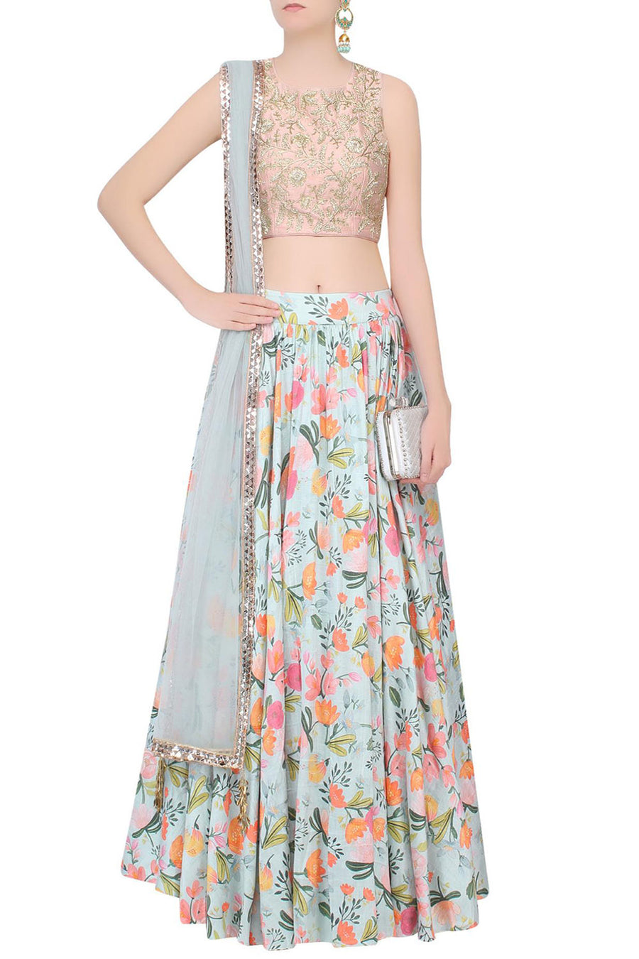 Blush Floral Choli With Floral Print Lehenga & Dupatta