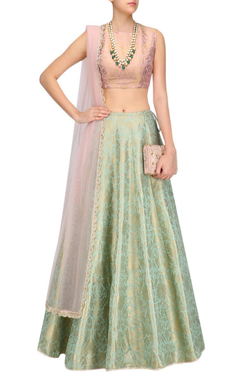 Dusky Rose Choli With Mint Lehenga & Dupatta