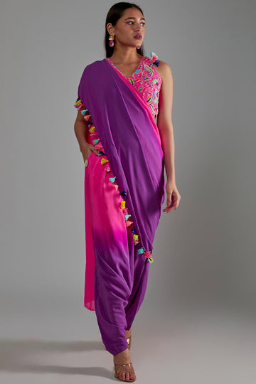 Pink Choli & Pink / Purple Low-Crotch Pant With Drape