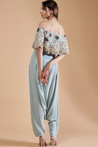 Powder Blue Off Shoulder Top With Low Crotch Pant