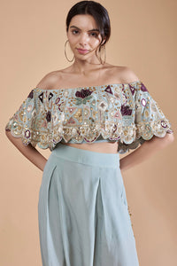 Powder Blue Off Shoulder Top With Low Crotch Pant