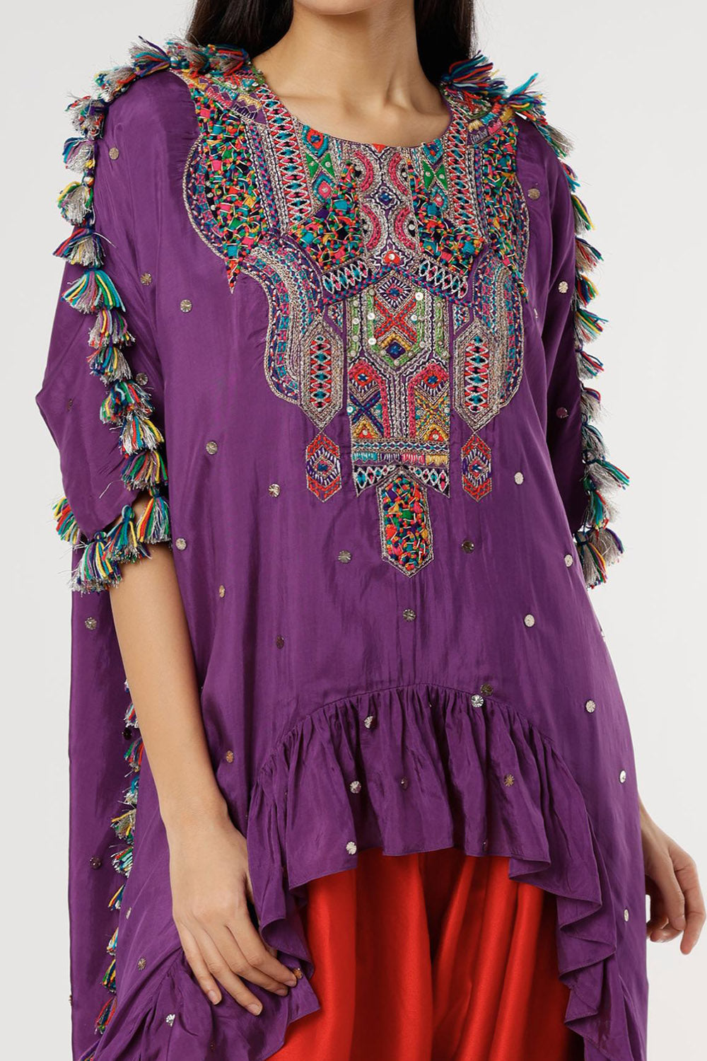 Purple Embroidered Kaftan With Red Salwar