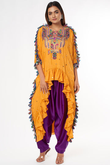 Mustard Embroidered High Low Kaftan With Salwar