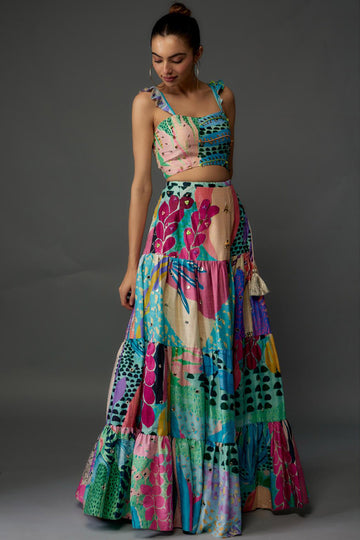 Aqua Tropical Print Silk Bustier & Layered Skirt