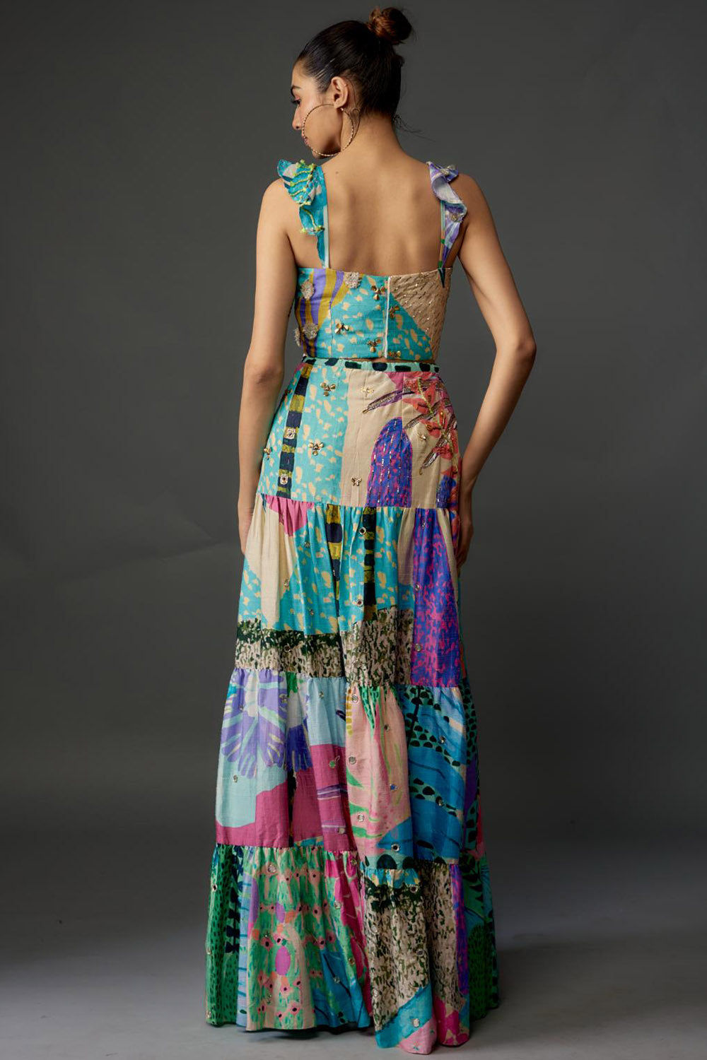 Aqua Tropical Print Silk Bustier & Layered Skirt